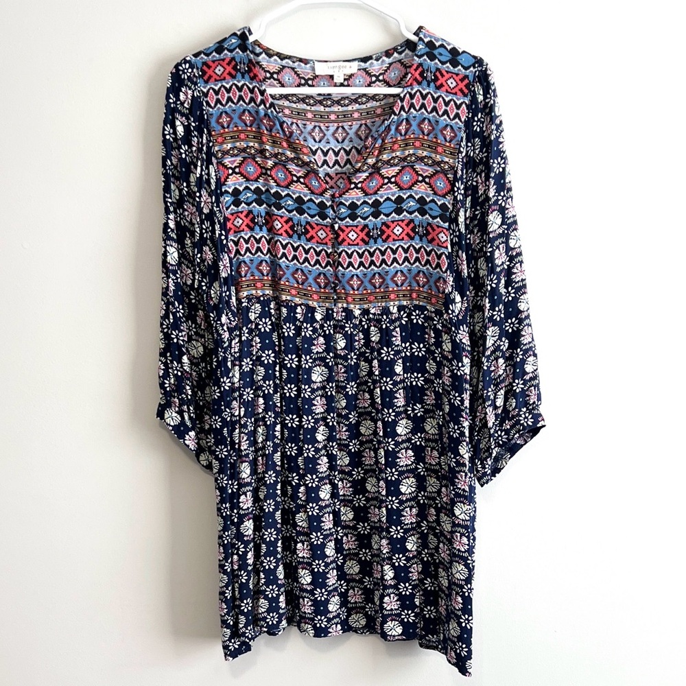 Umgee Mixed Media Boho Aztec Floral Babydoll Tunic Dress